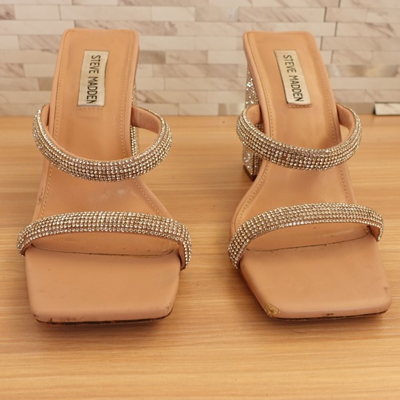 STEVE MADDEN Nude Sandals 7 Heel Slip On Sparkle Square Rhinestone Party Wedding - Picture 2 of 16